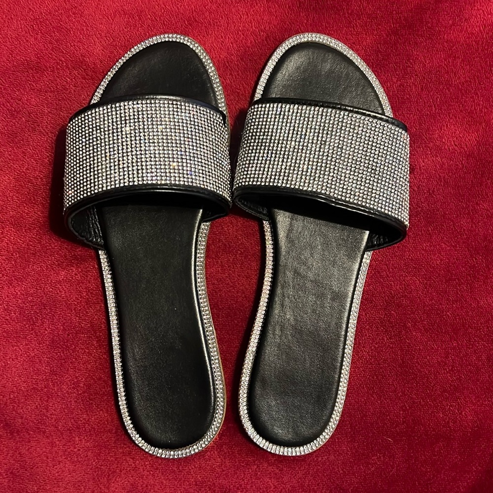 Gorgeous black sandals with gems all over!! Unworn!!
